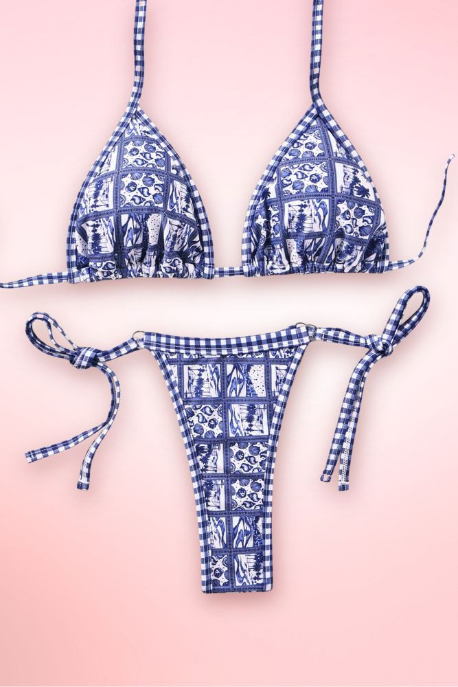 Blue Ceramic Print Two Piece Swimsuit Brazilian Tie Side Bikini