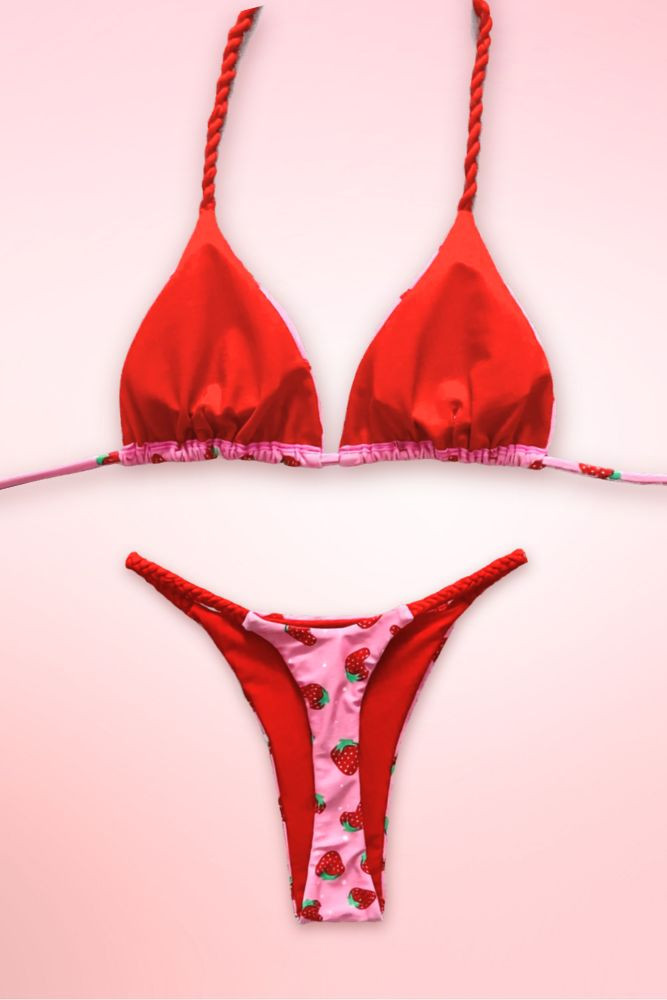 Strawberry Pink Red Two Piece Swimsuit Thong Bikini