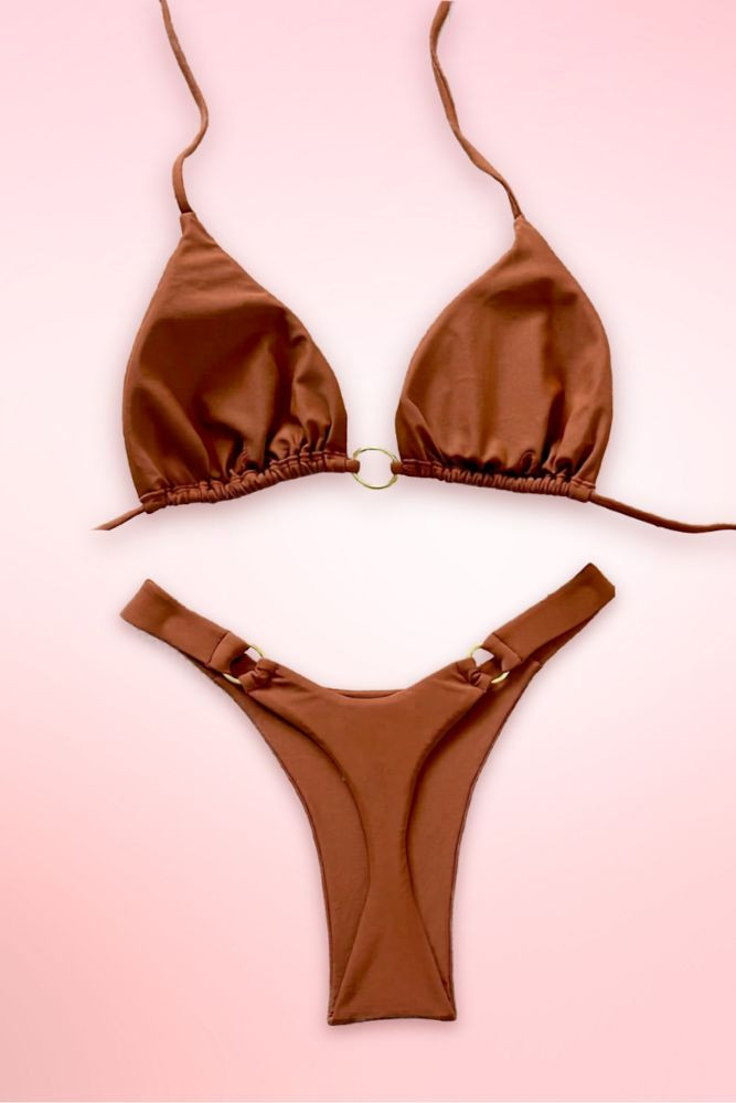 Plain Brown Two Piece Bikini Thong Swimsuit
