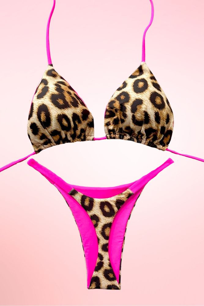 Leopard Hot Pink Two Piece Thong Bikini Set