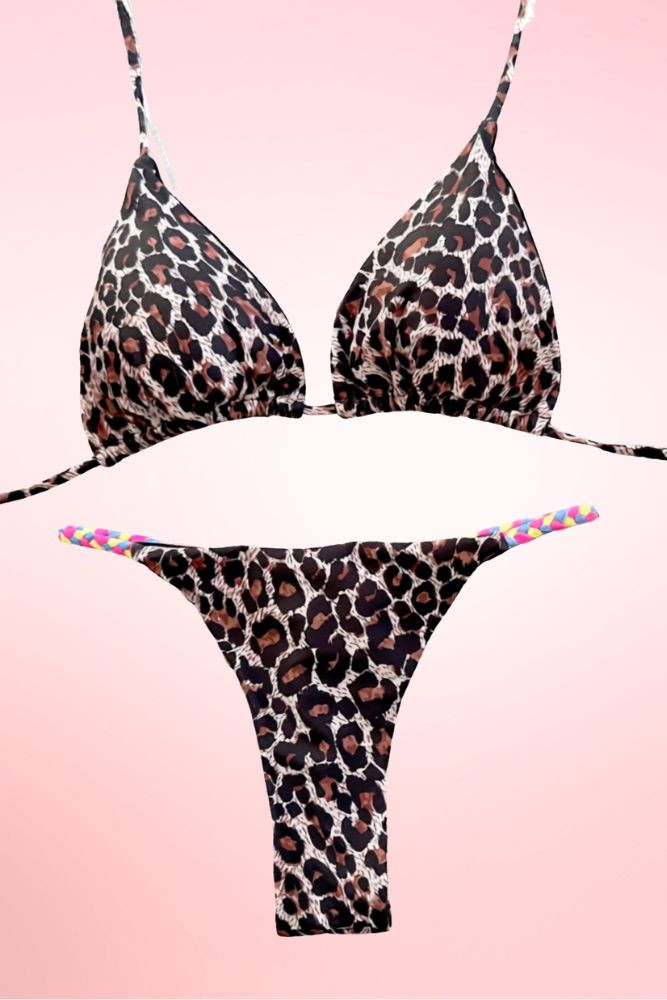 Leopard Print Two Piece thong Swimsuit with Braided Straps.