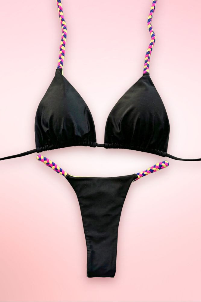 Braided Strap Black Neon Two Piece Thong Swimsuit.