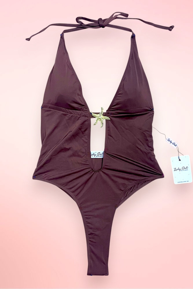 Coron Brown Plunging One Piece Swimsuit