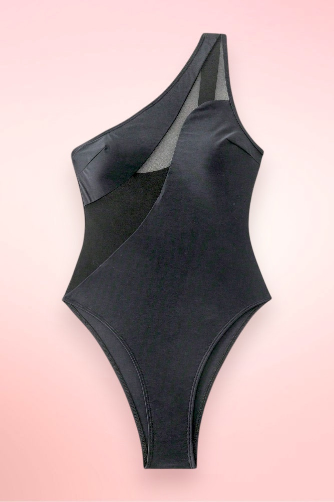 Sivota Black Mesh One Shoulder One Piece Swimsuit