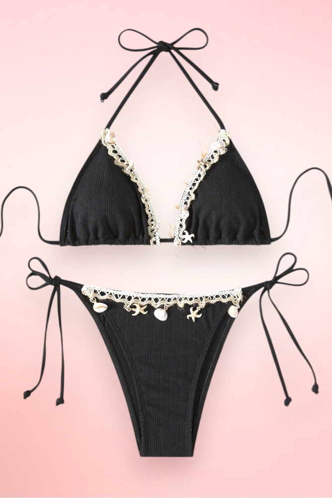 Black Shell Two Piece Swimsuit Tie Side Bikini