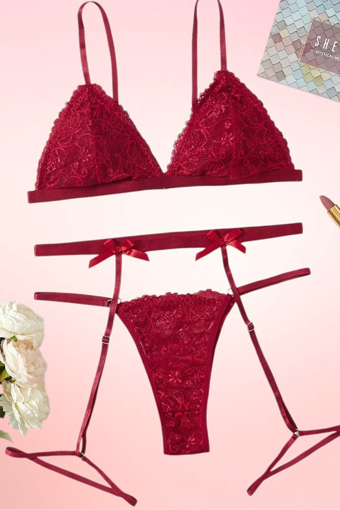 Kayla Red Lace Bralette Garter Belt Set