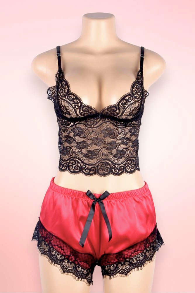 Mari Black Lace Camisole Red Satin Shorts Pajama Set