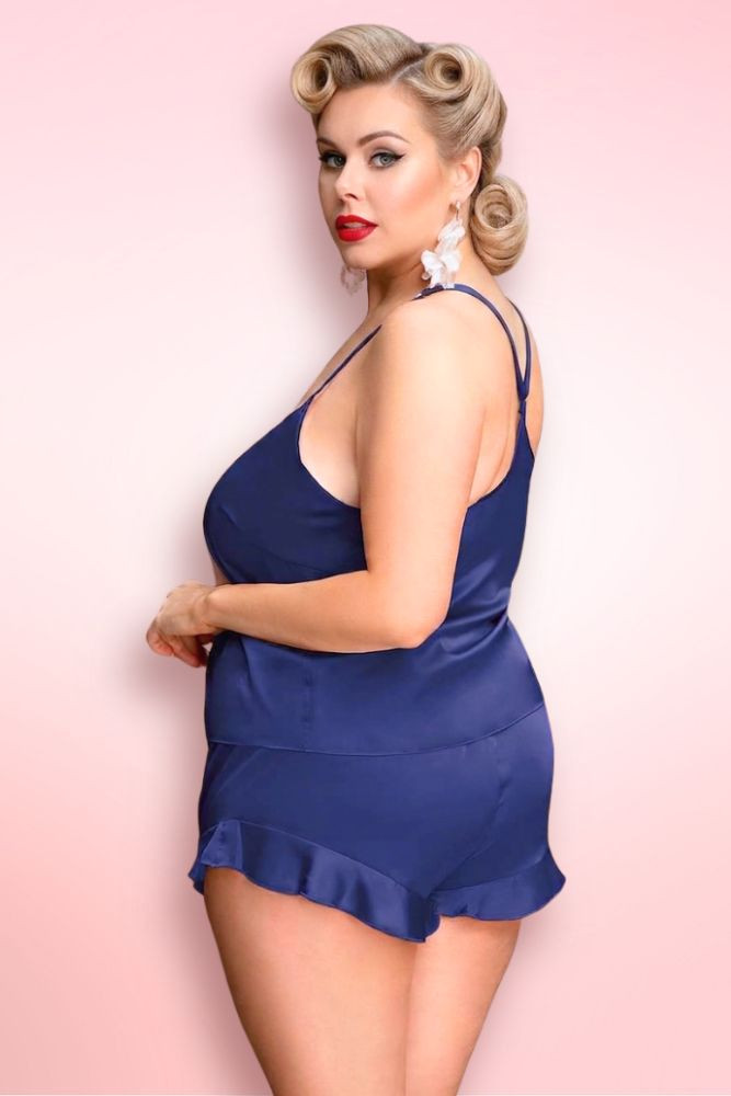 Katrina Navy Satin Plus Size Cami Shorts Set