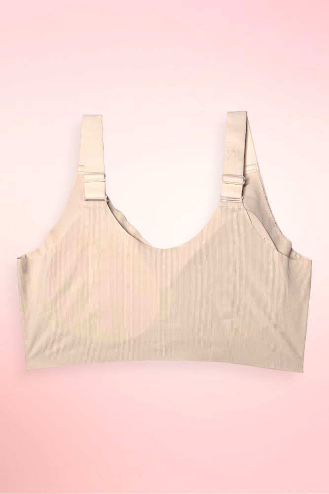 back of Beige seamless ribbed wireless bra.