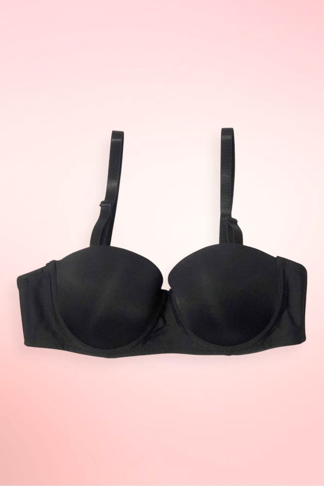 Black seamless strapless push-up bra.