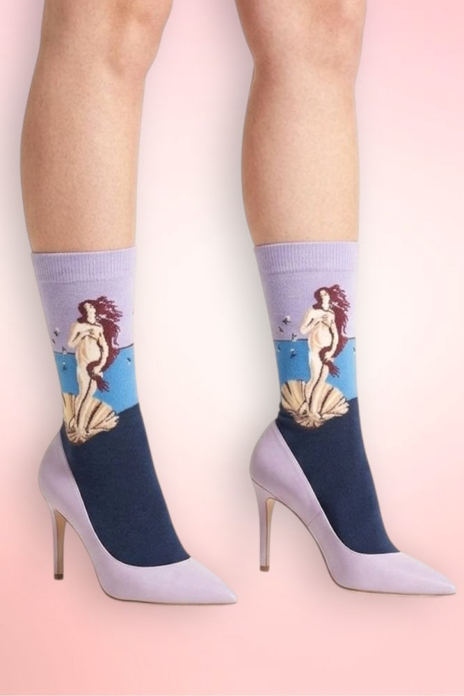 Birth of Venus art novelty crew socks worn with lavender heels. 