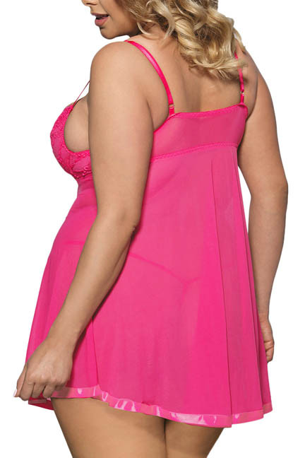 Millie Pink Lace Push-up Padded underwire Sheer Flyaway Babydoll PLUS