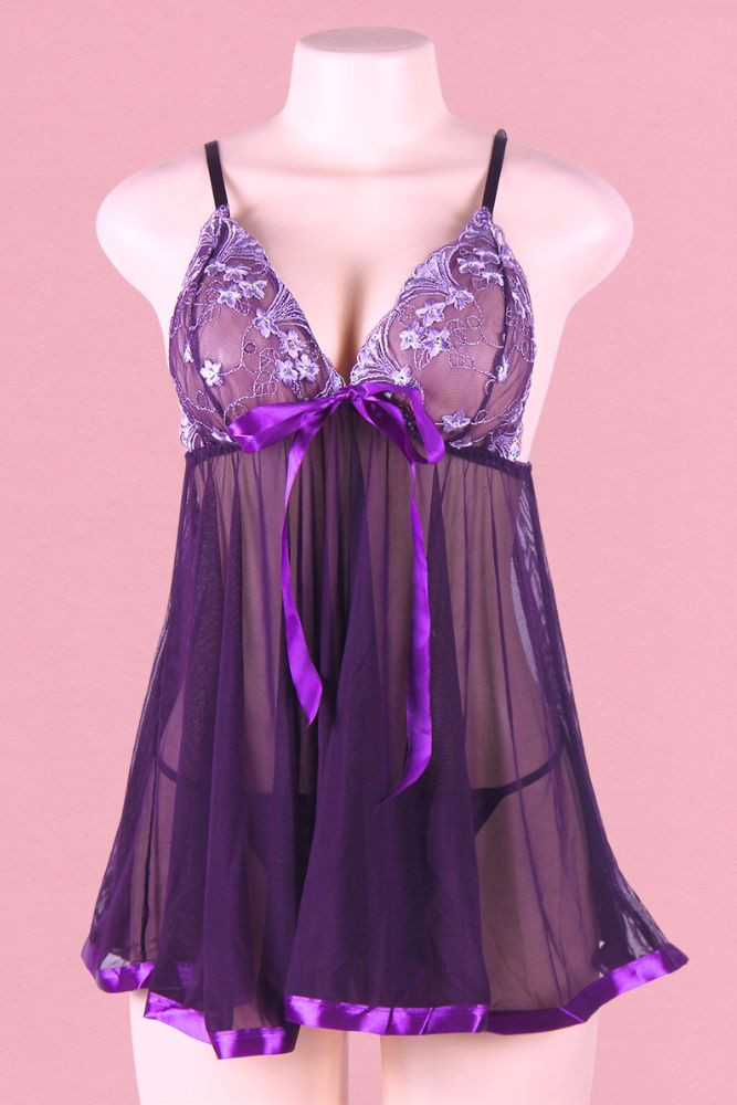 Vie Purple Embroidered Sequin Sheer Babydoll Plus Size