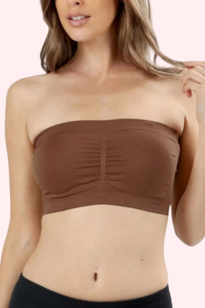 Brown Tube Bra padded bandeau top  worn by a model front view 