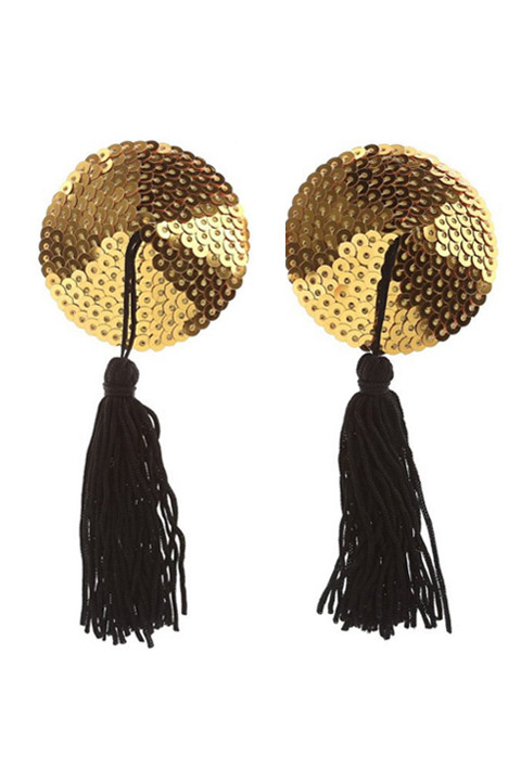 Gold Sequin Black Tassel Reusable Adhesive Burlesque Nipple Pasties
