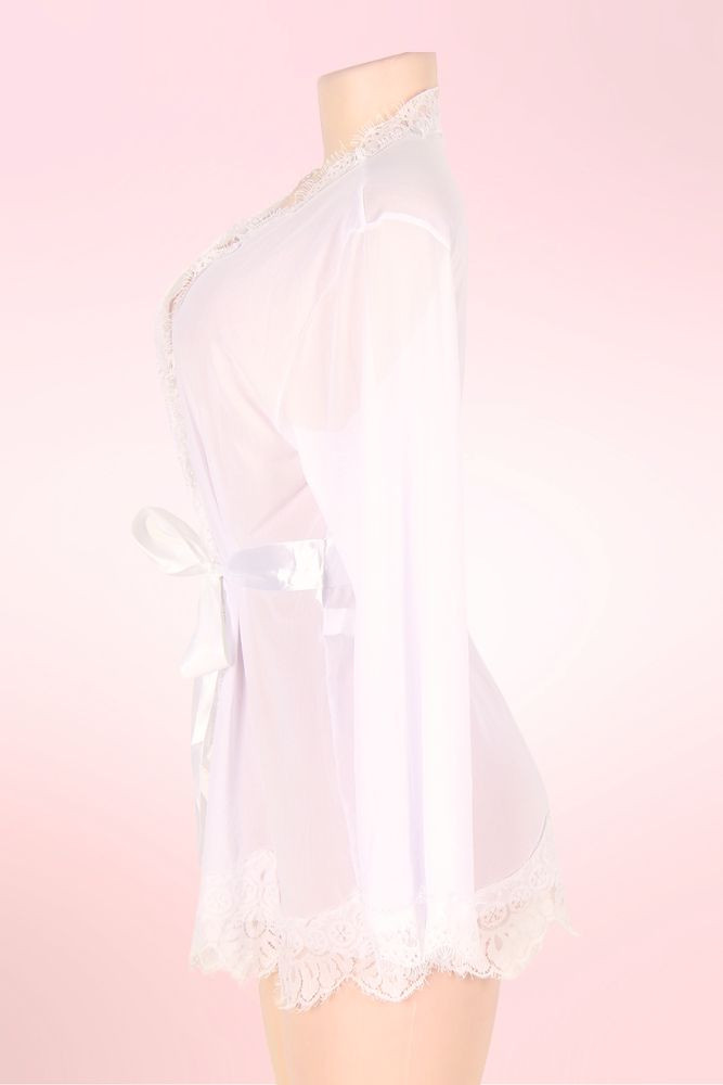 Carol Bridal White Robe Sheer Kimono Lace Dressing Gown with lace trimmed hem actual product picture on a mannequin side view 