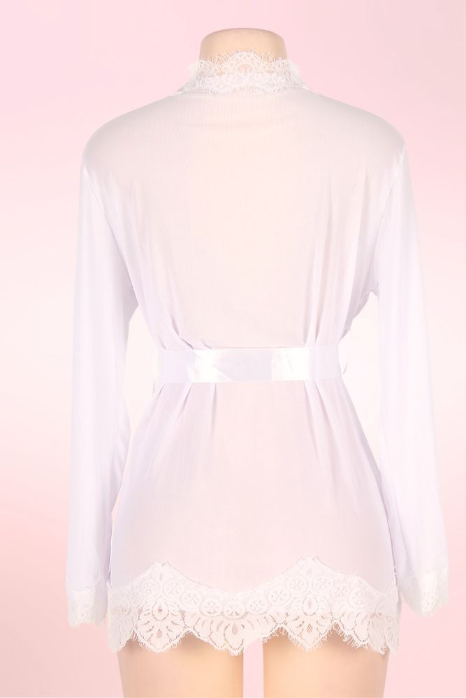Carol Bridal White Robe Sheer Kimono Lace Dressing Gown with lace trimmed hem  actual product picture on a mannequin backview 