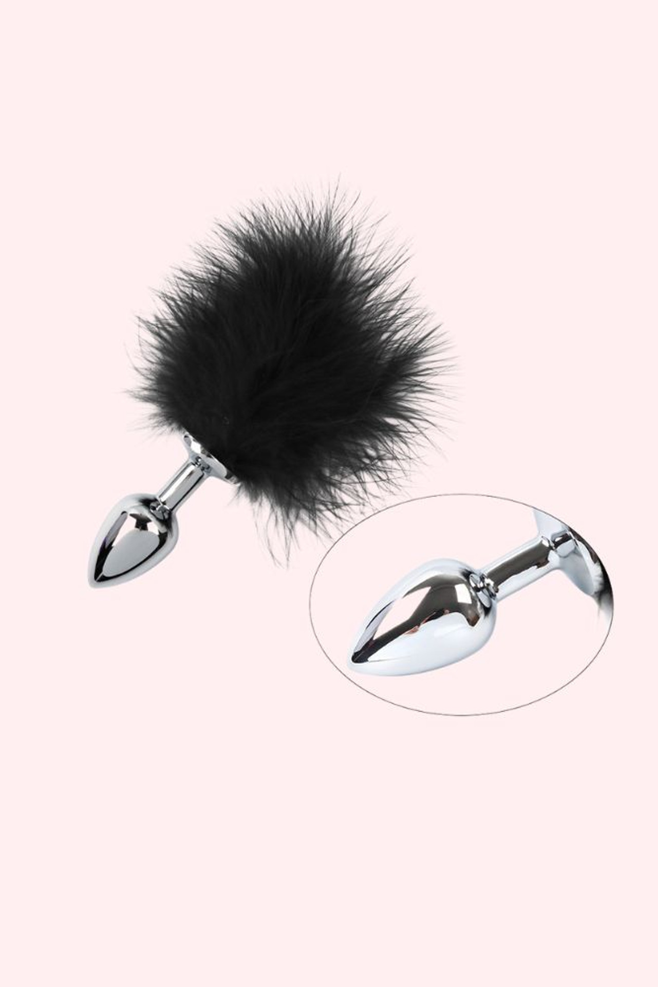 Stainless Steel butt Plug with Black Marabou fluffy feather actual product photo with close up of the tip