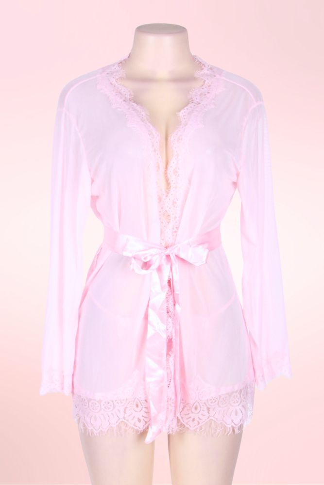 Carol Plus Size Pink Robe Lace Trimmed Kimono  actual product picture on a mannequin front view 