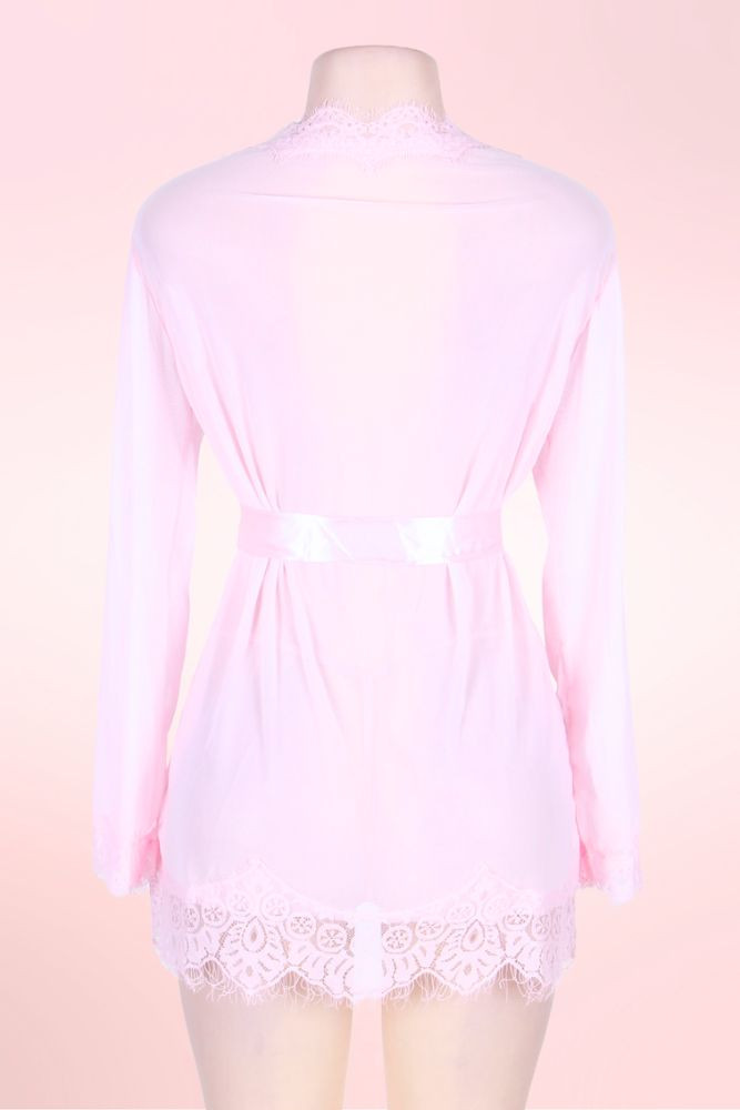 Carol Plus Size Pink Robe Lace Trimmed Kimono  actual product picture on a mannequin backview 