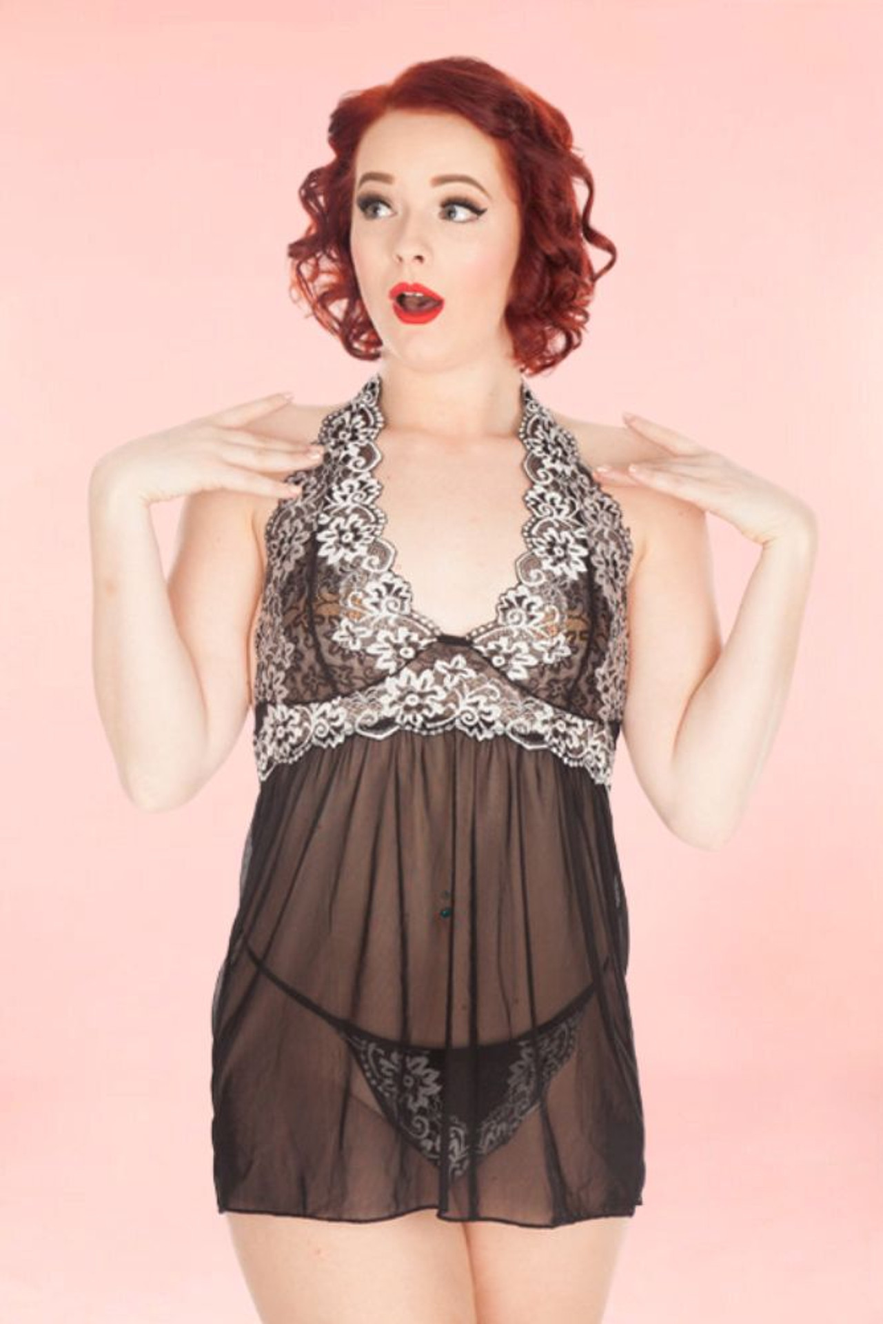 Back Ada Halter Babydoll Nightie Lingerie  worn by a model front view 