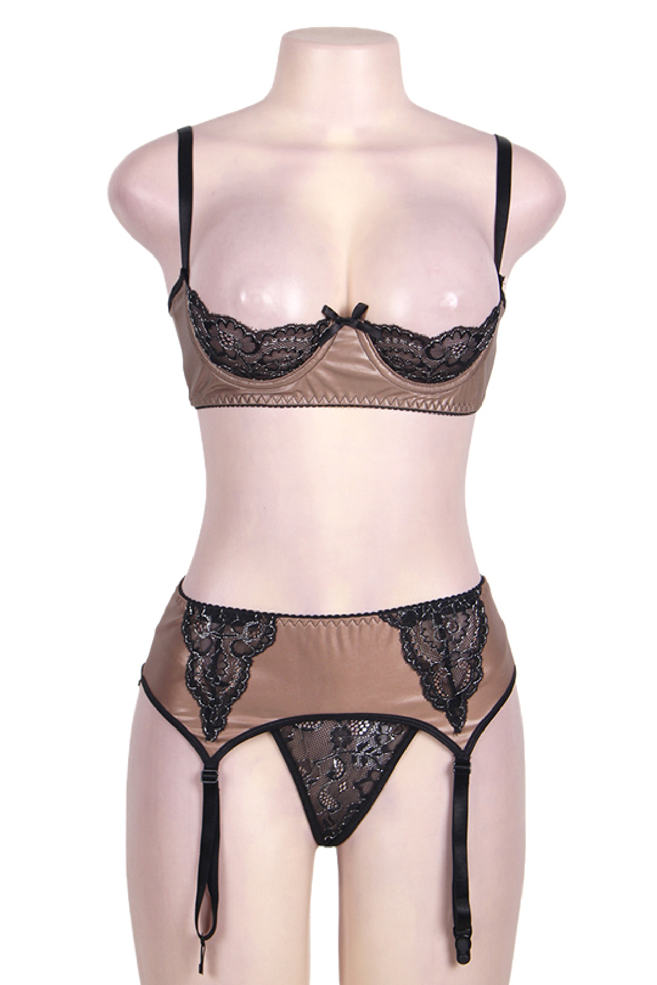 Belle Faux Leather Gold Cupless Shelf Bra Garter Belt Thong Set Plus Size