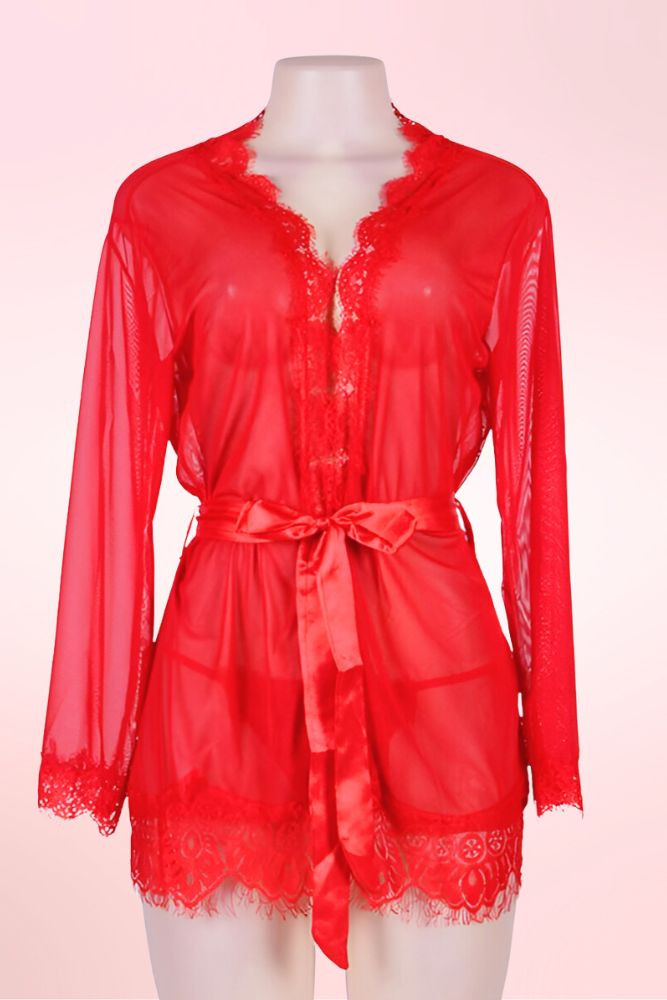 Carol  Plus Size Red Robe Sheer Kimono Dressing gown with Eyelash lace trim  actual product picture on a mannequin front view 