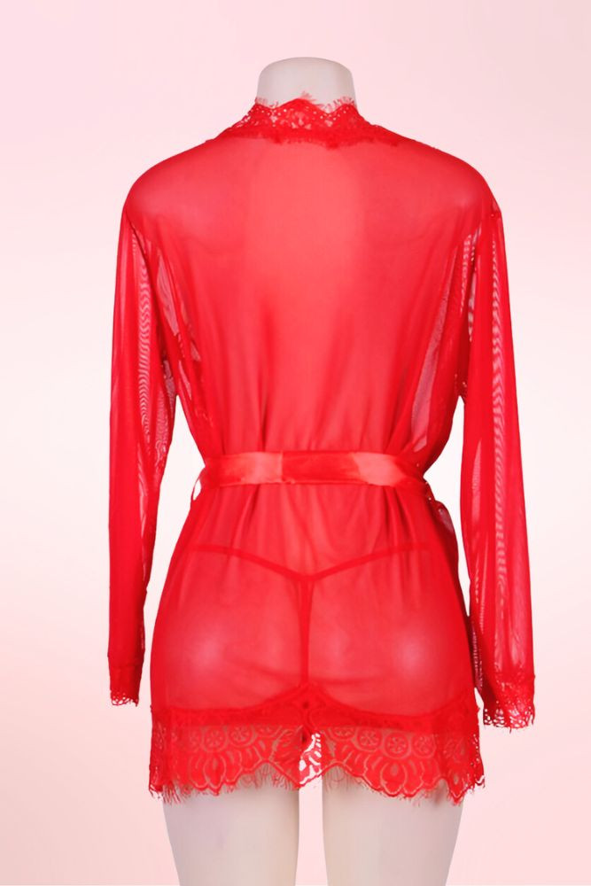 Carol  Plus Size Red Robe Sheer Kimono Dressing gown with Eyelash lace trim  actual product picture on a mannequin backview 