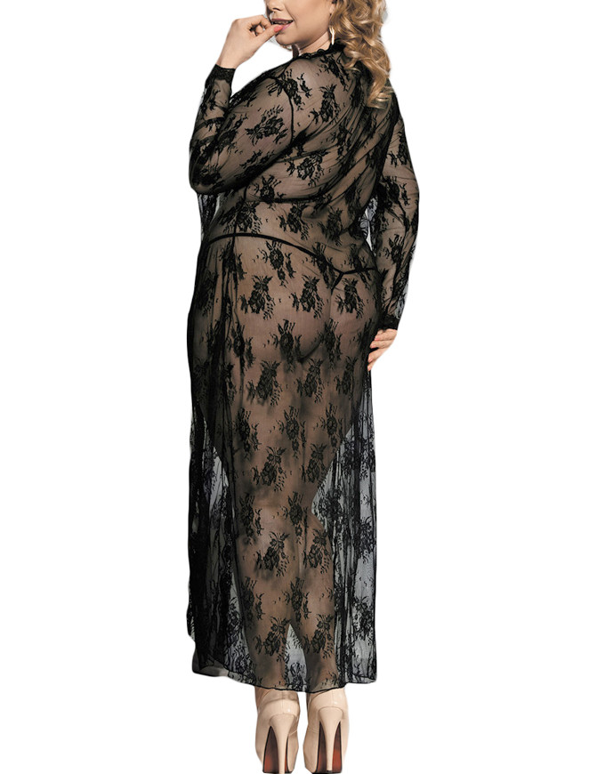 Divine Black Lace Open Front Long Night Gown Lingerie Plus Size