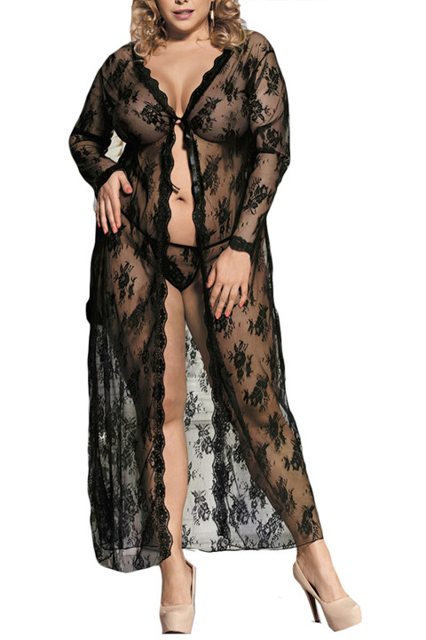 Divine Black Lace Open Front Long Night Gown Lingerie Plus Size