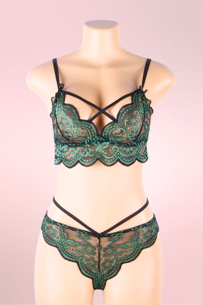 Jade Green Lace Bra strappy cheeky Panty Lingerie Set  actual product picture on a mannequin front view 