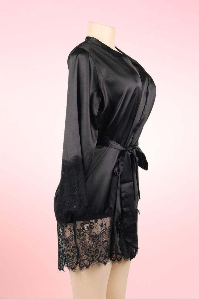 Veronica Black Satin Robe Eyelash Lace