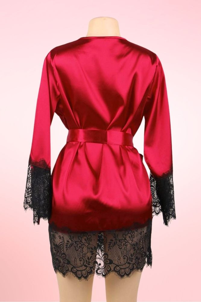 Veronica Red Satin Black Lace Trimmed Robe Set