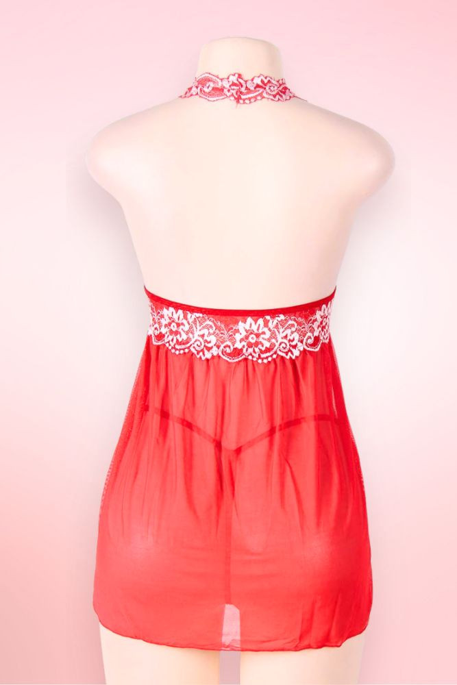 Red Ada Embroidered Halter Lace Babydoll