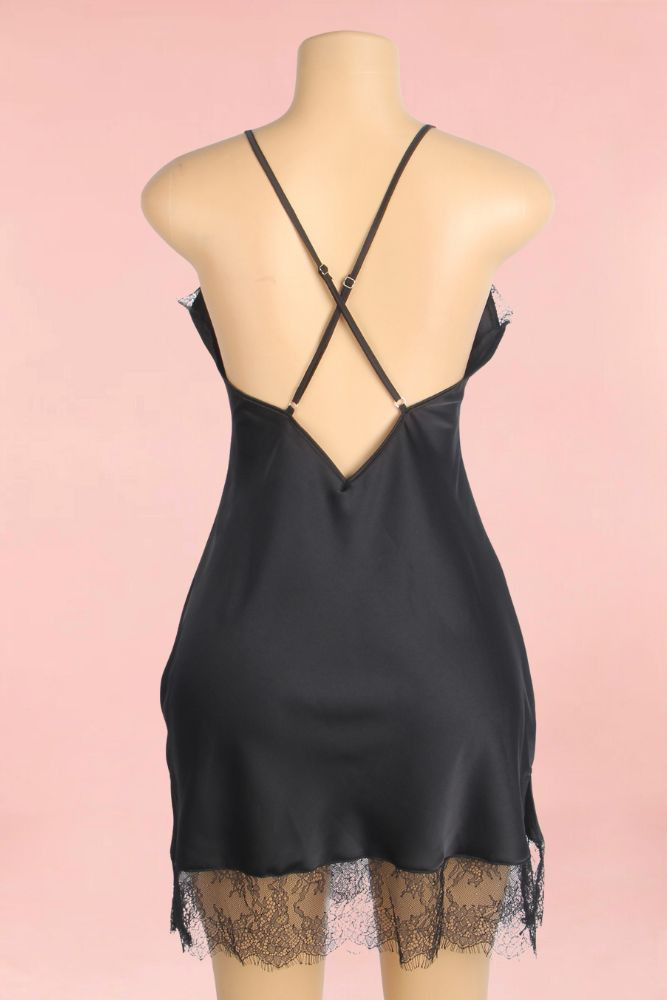 Mabel Black Satin Lingerie Sleepwear on a mannequin, back view