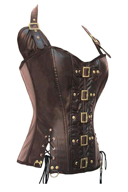Brown Buckle Vinyl Steampunk Halter Corset