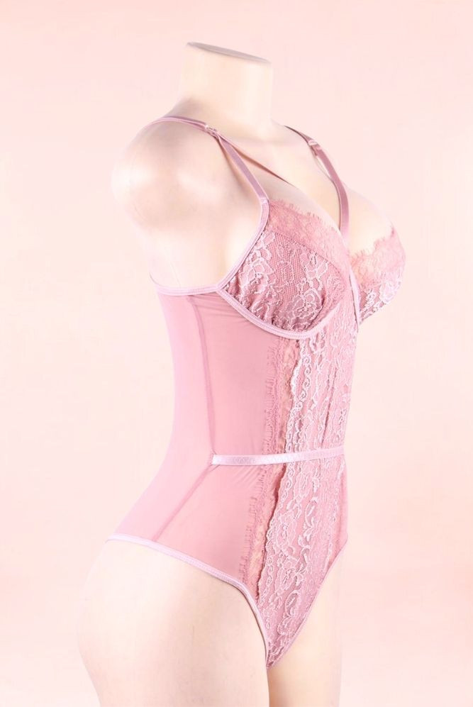 Naomi  Old Rose Lace Bodysuit Teddy Lingerie actual product picture on a mannequin quarter side view 