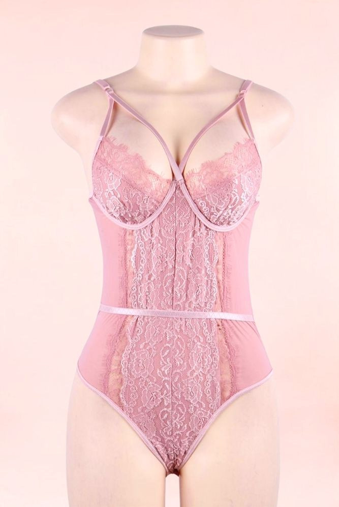 Naomi  Old Rose Lace Bodysuit Teddy Lingerie  actual product picture on a mannequin front view 