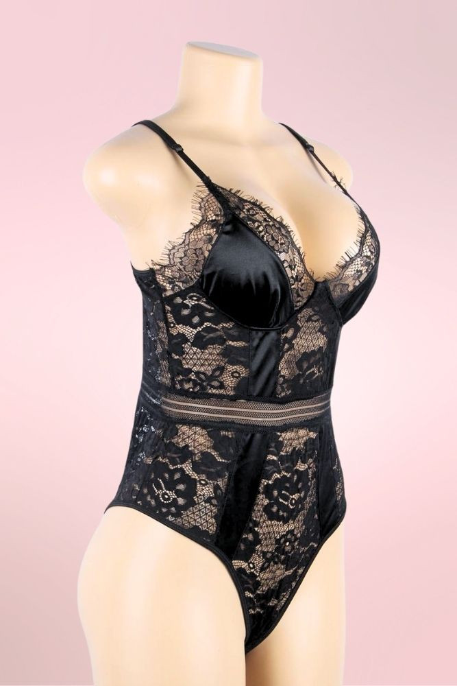 Teagan Black Satin Lace Bodysuit Teddy Lingerie actual product picture on a mannequin quarter side view 