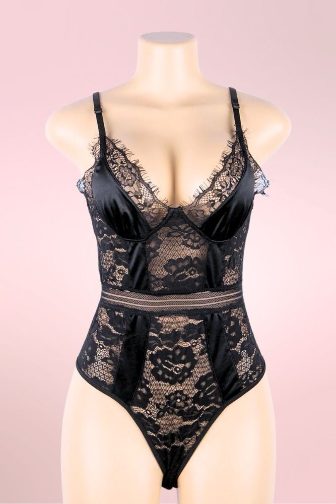 Teagan Black Satin Lace Bodysuit Teddy Lingerie  actual product picture on a mannequin front view 