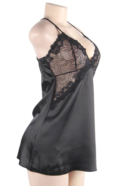  Gilian Black Satin Lace Sleep Chemise