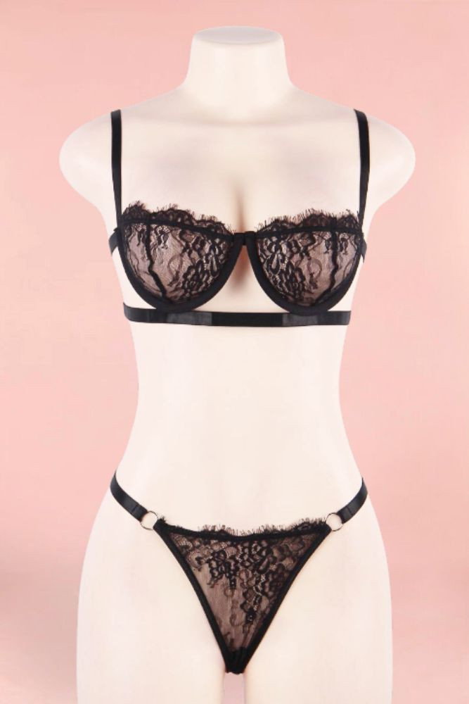 Bella Black Lace Balconette Bra and Thong Panty Lingerie Set