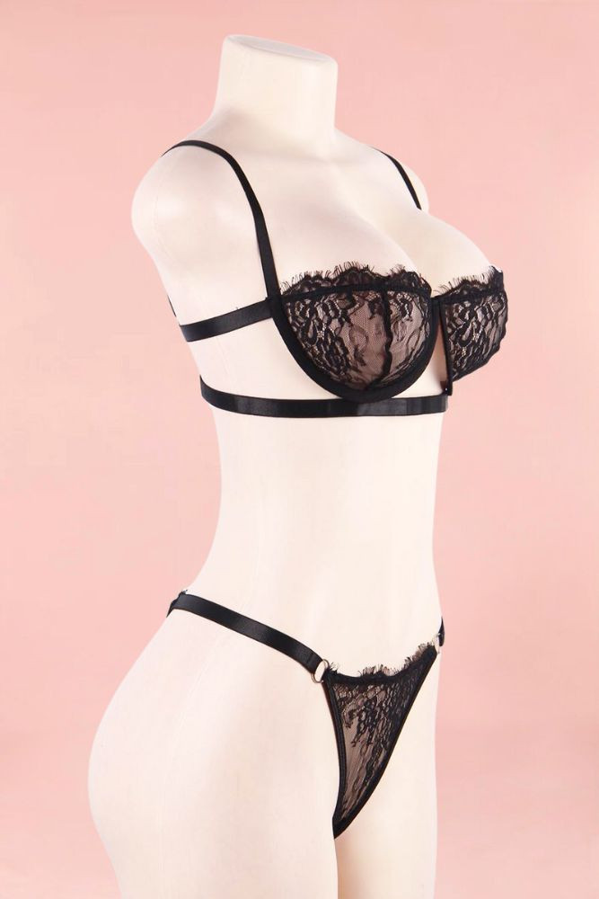 Bella Black Lace Balconette Bra and Thong Panty Lingerie Set