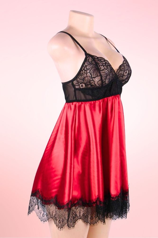 Scarlett Plus Size Black Lace Red Satin Babydoll 