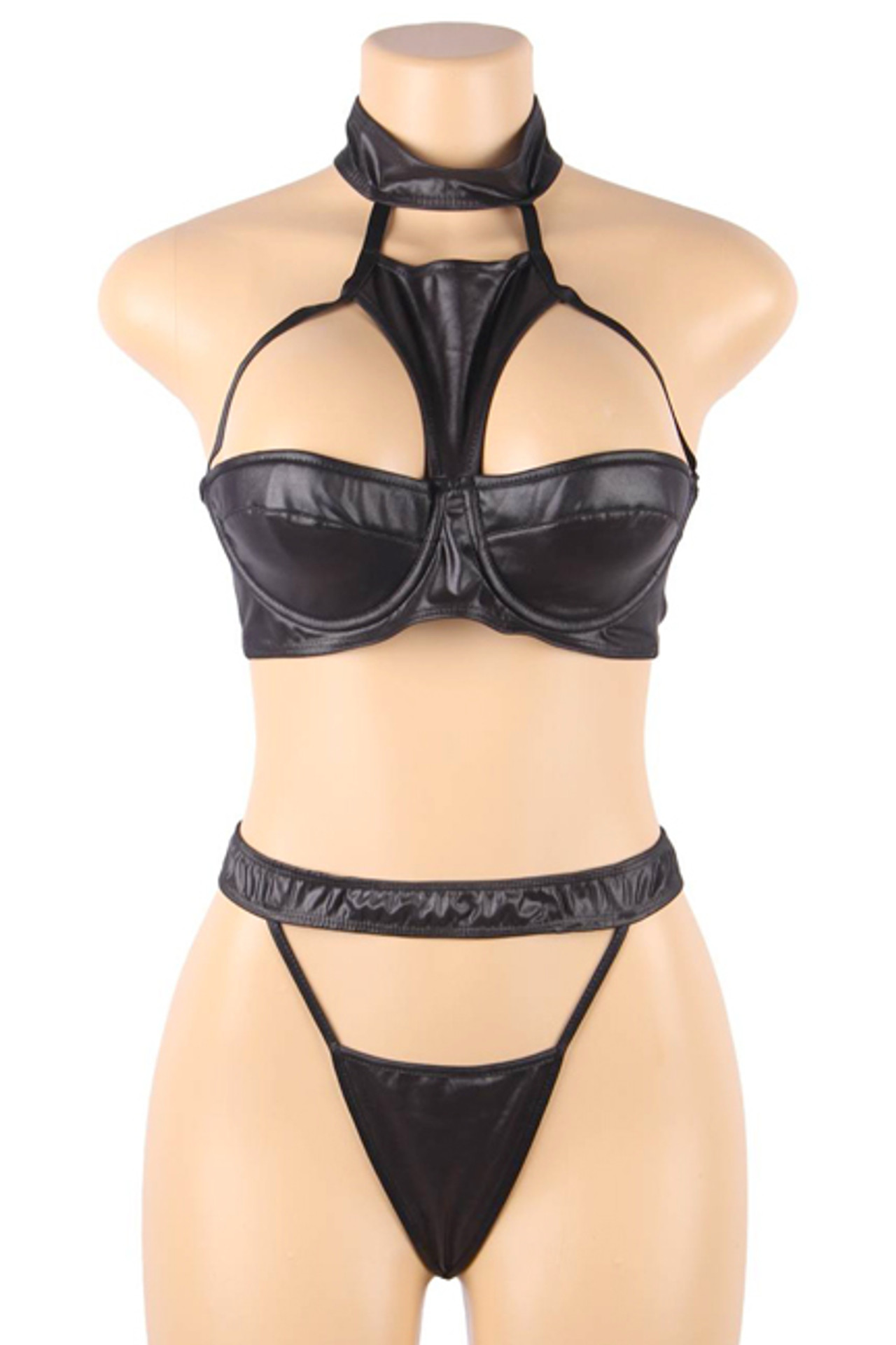 Pam Vinyl Faux Leather Choker Bra Thong Lingerie Set