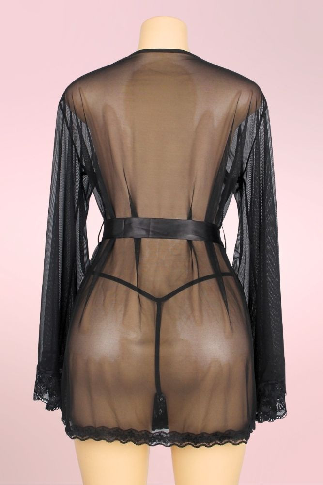 Matilda Elegant Black Sheer Lace Trimmed Robe Kimono Lingerie 