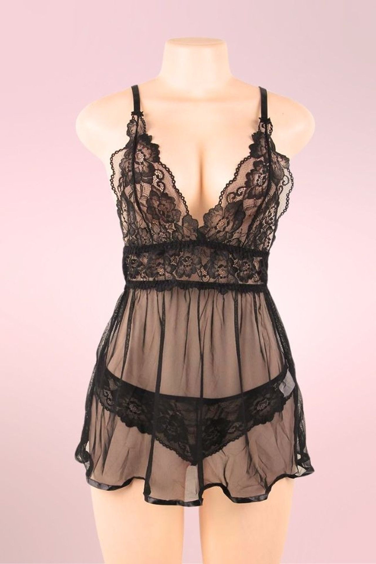 Neve Black Lingerie Babydoll Nightdress  actual product picture on a mannequin front view 