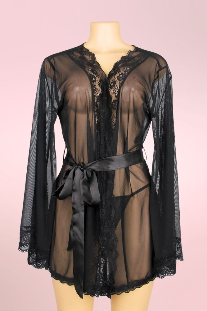 Matilda Elegant Black Sheer Lace Trimmed Plus Size Robe Kimono Lingerie 