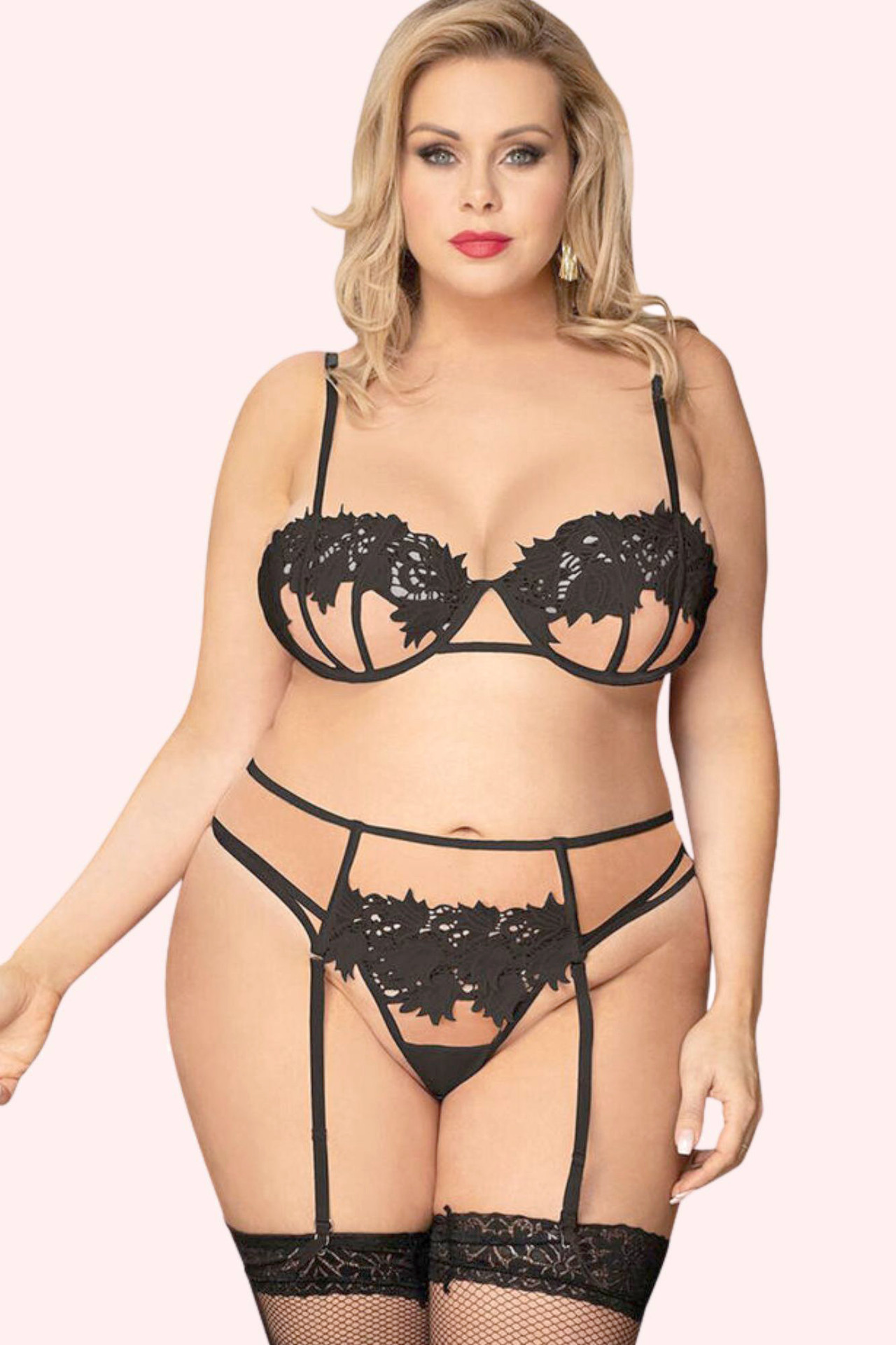 Isabella Black Bralette Garter Belt and Thong Lingerie Set Plus Size