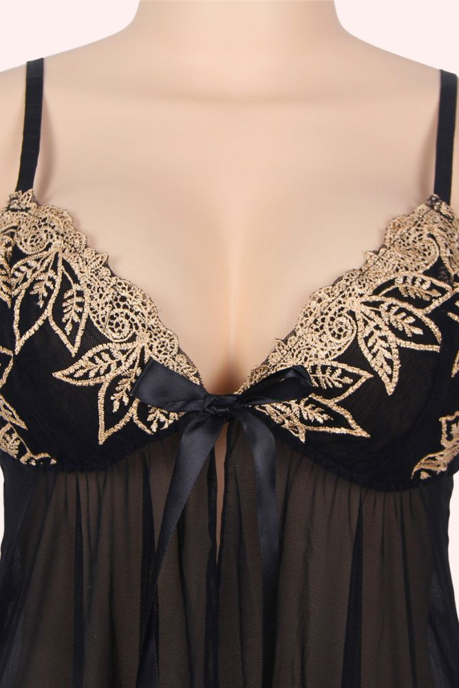 Lucia Black Open Front Babydoll with Gold Embroidered Lace Cups actual product picture upclose